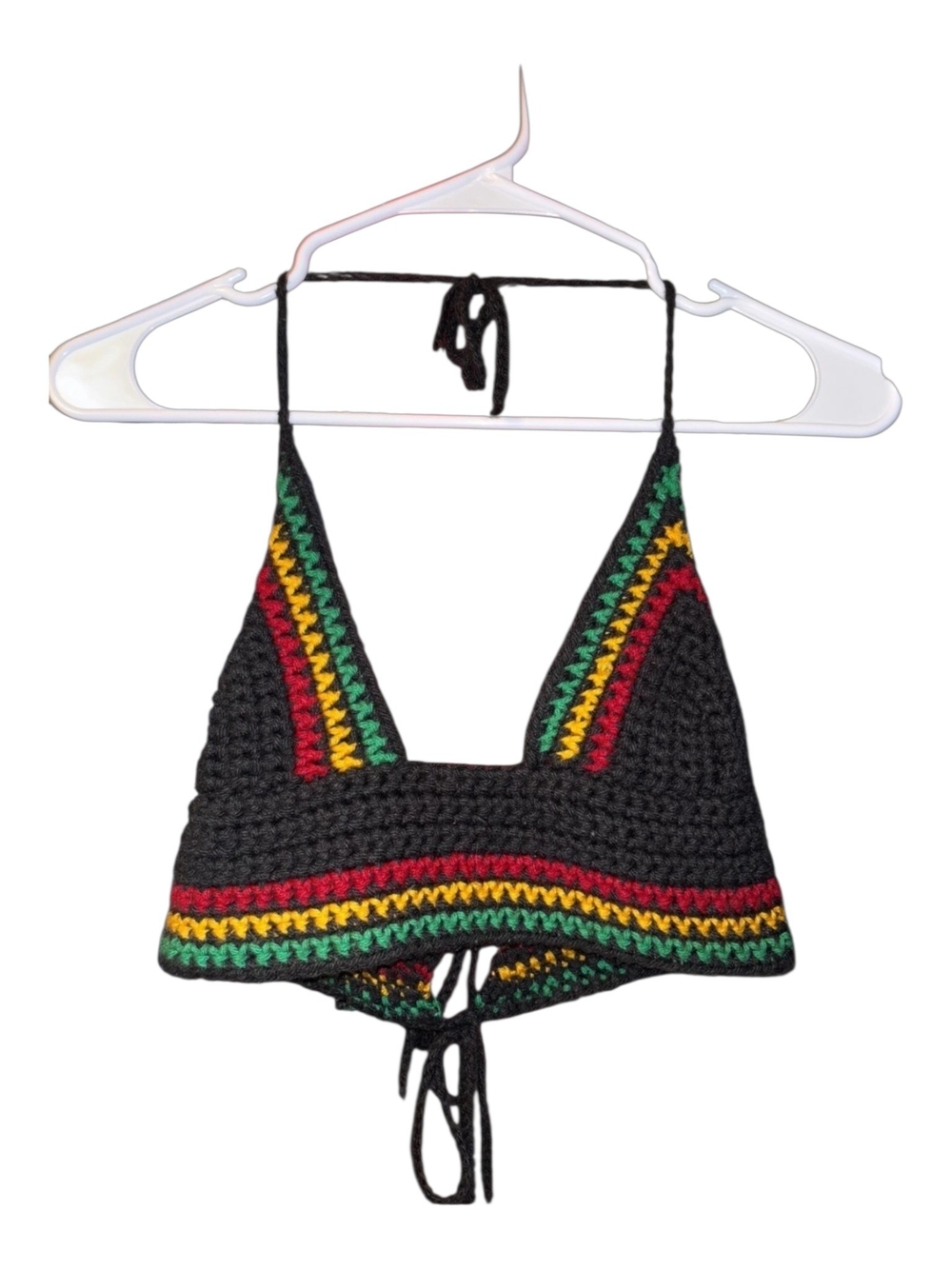 Black Crochet Halter Camisole with Red, Yellow & Green Stripe Accents